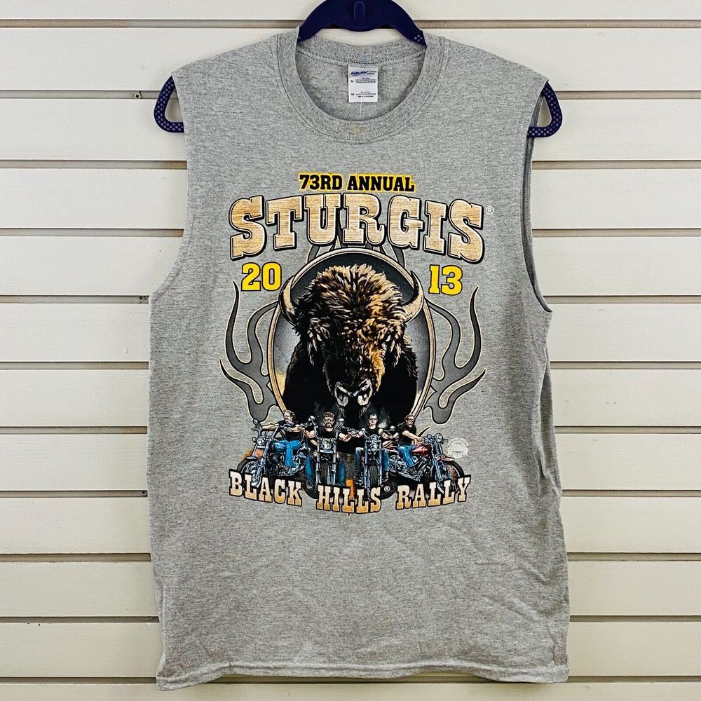Mens M Sturgis 2013 Sleeveless Tee 73rd Annual Black Hills Rally Gray Buffalo
